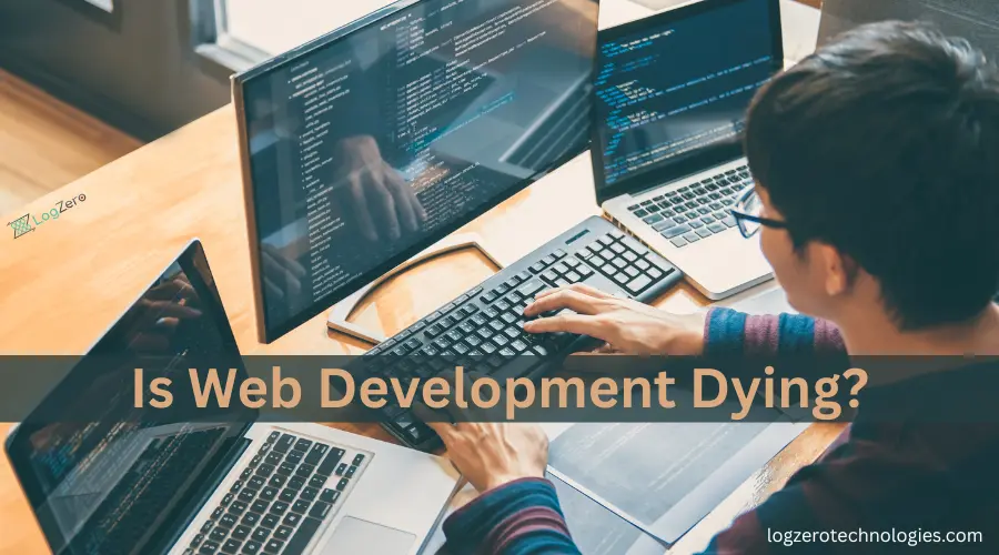 Illustration showing the evolution of web development — from traditional coding to modern tools like AI, no-code platforms, and full-stack frameworks.